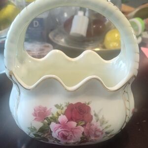 Floral Ceramic Basket with Handle